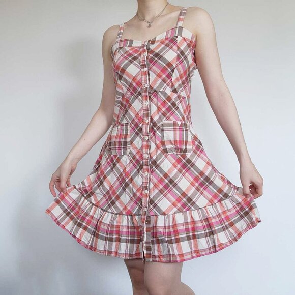 Vintage cute Y2K pink and brown plaid sweetheart midi dress with ruffles - Picture 6 of 14